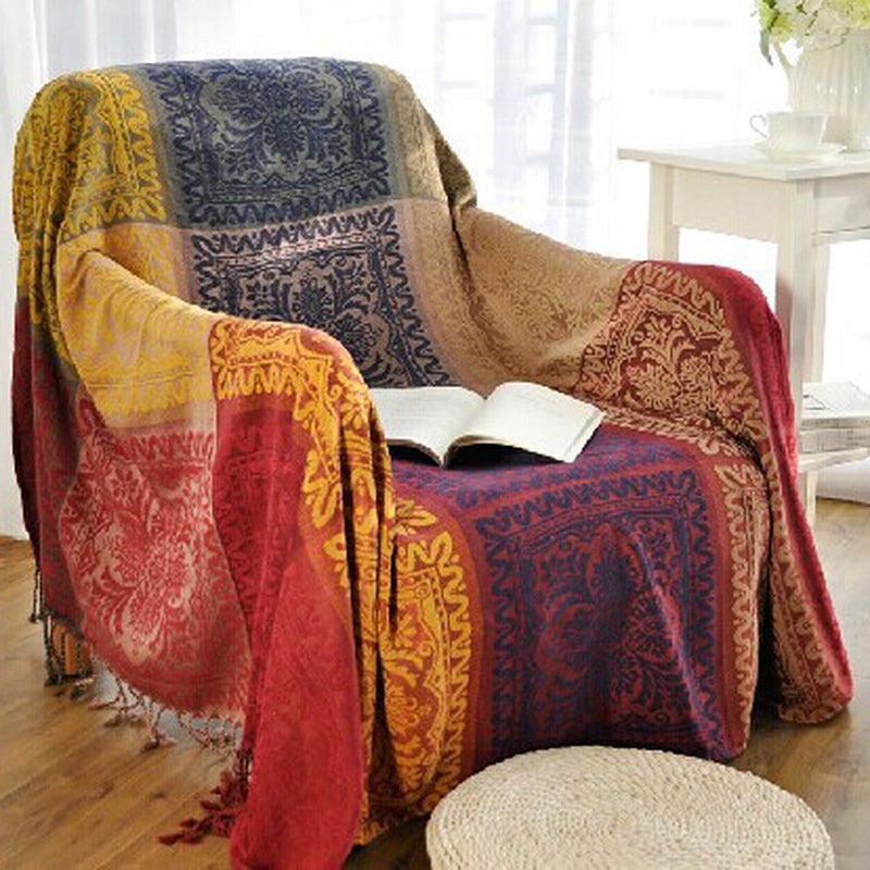 amorus Boho Sofa Cover, Chenille Jacquard Tassels Throw Blankets for Couch Bed, Decorative Sofa Slipcover Protector - Colorful Tribal Pattern (L,86 * 102inch) - Image 1
